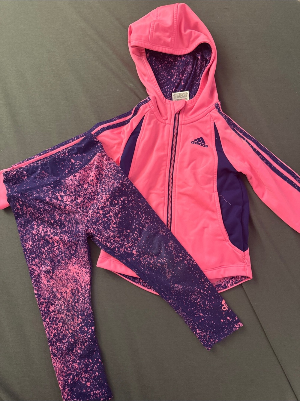 adidas Girls Pink and Purple Hooded Tracksuit Jacket with Splatter Leggings 24mo